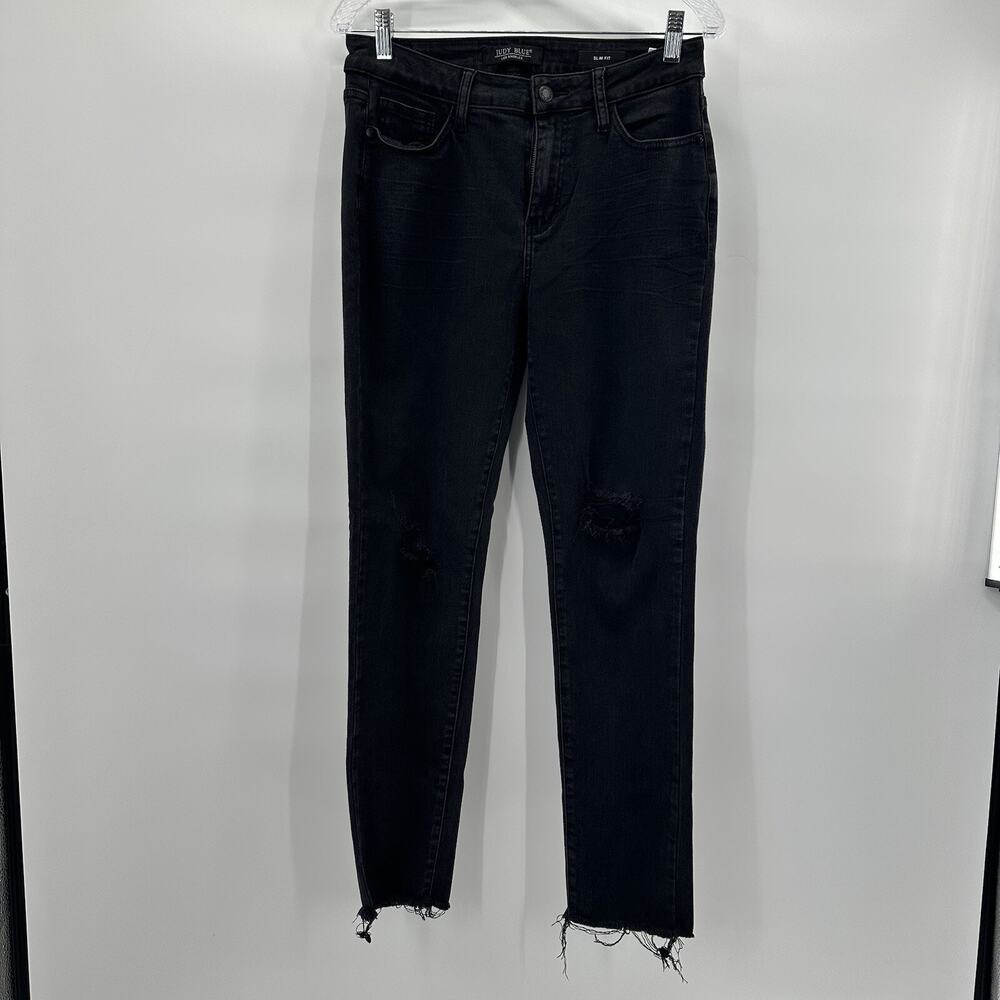 Judy Blue Jeans Womens 28 Black Straight Slim Distressed Frayed Hem Stretch‎